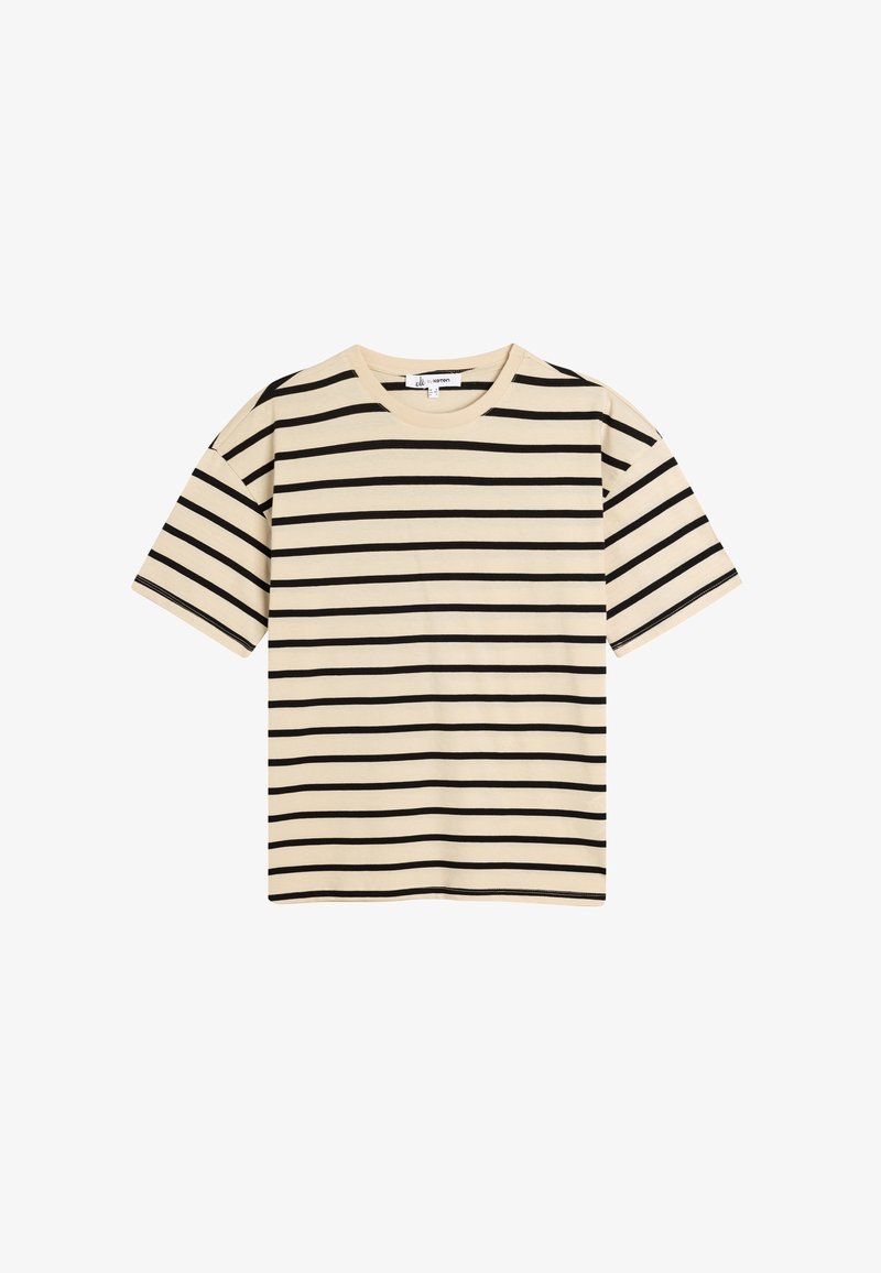 Camiseta de algodón beige con rayas horizontales negras, de mangas cortas y escote redondo. Presenta un corte relajado y un dobladillo sencillo.