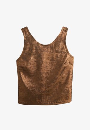 Pronksvärviline top, mis on valmistatud siledast ja läikivast kangast, ümara kaeluse ja laiadel rihmadel; minimalistliku disainiga ning küljetaskuga.