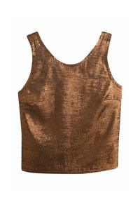 Bronze tank top in a smooth, shiny fabric with a rounded neckline and wide straps; features a minimalist design and a side pocket.