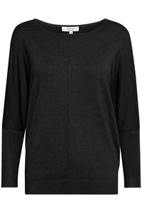 Suéter negro de punto de manga larga con escote ancho, puños acanalados y detalle de costura vertical central en la parte delantera.