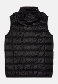 Gilet en duvet noir au design ajusté, doté d'une capuche, d'une texture matelassée et de coutures horizontales. Matériau synthétique léger.