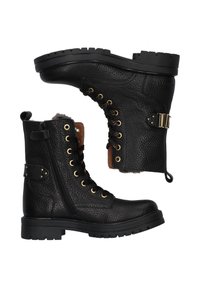 Bottes de cheville en cuir noir avec une finition texturée, des éléments en métal doré, une fermeture éclair sur le côté et un design de semelle robuste. Doublées d'un matériau doux.