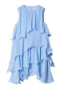 Robe sans manches bleu clair avec ourlet asymétrique à volants superposés et détail froncé au niveau de l'encolure.