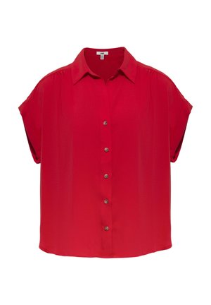 Rote Kurzarm-Bluse mit Knöpfen, Kragen, sechs Knöpfen auf der Vorderseite und lockerem, fließendem Schnitt.