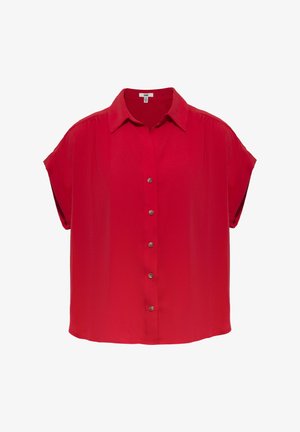 Rote Kurzarm-Bluse mit Knöpfen, Kragen, sechs Knöpfen auf der Vorderseite und lockerem, fließendem Schnitt.