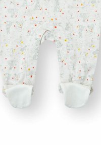 Body gris claro con un patrón de conejos y corazones. Cuenta con broches en la parte frontal y pies con puños blancos para mayor comodidad. Material de algodón.