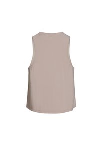 Top senza maniche di un leggero colore beige con una texture liscia, scollatura tonda e maniche abbassate. Design semplice, senza pattern o hardware visibili.