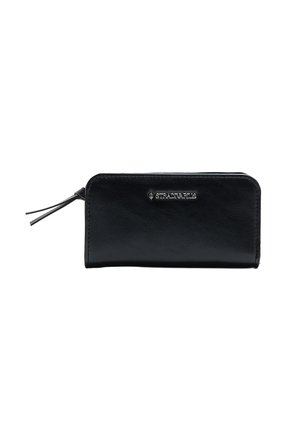 Portefeuille zippé en cuir noir avec deux tirettes de zip et le logo argenté "STRADIVARIUS" au centre à l'avant.