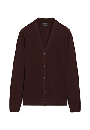Dark brown ribbed knit cardigan with long sleeves, V-neck, and five front buttons, displayed on a white background.