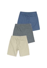 Trois paires de shorts en beige, gris et bleu. Chacune possède une taille élastique et une poche arrière unique. Fabriquées dans un matériau doux et respirant.