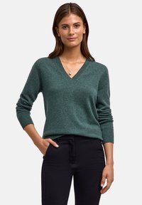 Maglione a V, con maniche lunghe, in tessuto a maglia verde scuro. Presenta polsini e fondo a coste. Abbinato a pantaloni neri, esposto su uno sfondo neutro.