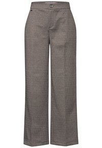 Checkered wide-leg trousers in brown and cream, featuring a flat front, button closure, and a smooth texture. Straight cut without pockets.