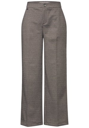 Geruit broek met wijd uitlopende pijpen in bruin en crème, met een flatte voorkant, knoopsluiting en een zachte textuur. Recht gesneden zonder zakken.