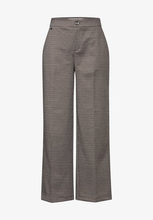 Karierte weite Hosen in Braun und Creme, mit flachem Frontschnitt, Knopfverschluss und glatter Textur. Gerade geschnitten ohne Taschen.