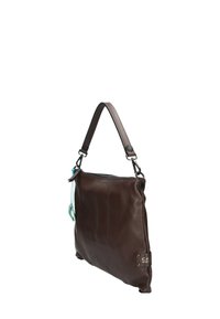 Borsa a spalla in pelle marrone con superficie texturizzata, chiusura con zip e manico corto. Include un accento turchese e un'etichetta stampata.