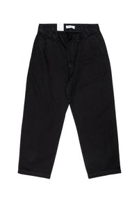 Pantaloni in cotone neri con una vestibilità ampia, dotati di una cintura elastica, due tasche laterali e orli con risvolto. Tessuto liscio, design casual.