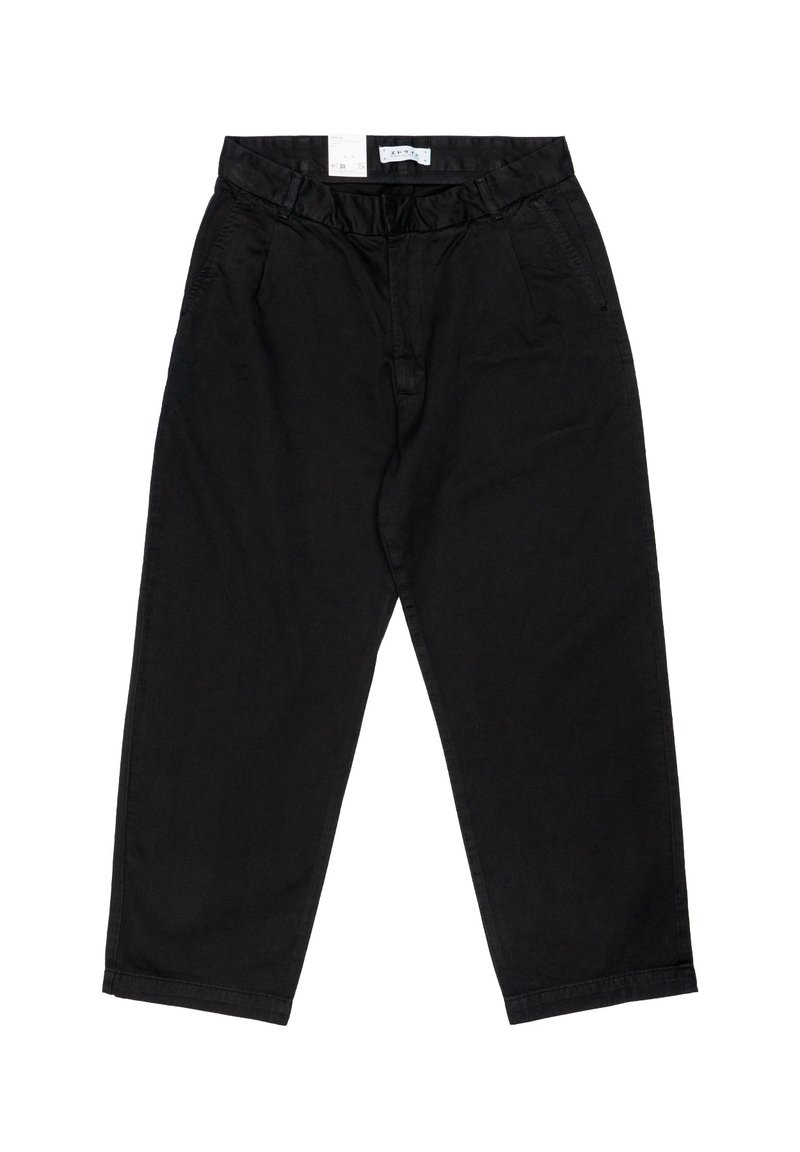 Pantaloni in cotone neri con una vestibilità ampia, dotati di una cintura elastica, due tasche laterali e orli con risvolto. Tessuto liscio, design casual.