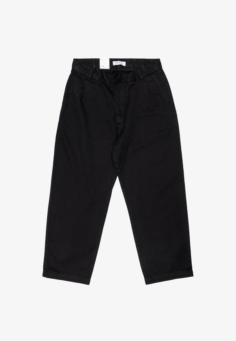 Pantalon en cotton noir à coupe décontractée, avec une taille élastique, deux poches latérales et des ourlets côtelés. Texture lisse, design décontracté.