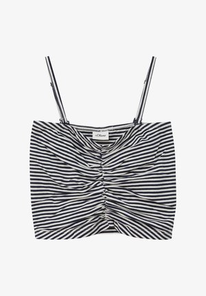 Marineblauw-wit horizontaal gestreept cropped tanktop met verstelbare spaghettibandjes en een geplooid, gerimpeld middenvoor.