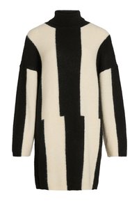 Pārmērīgi liels adīts džemperis ar melnbaltām vertikālām svītrām, augsts stāvošs apkaklis un mīksta, teksturēta auduma. Garas piedurknes ar nokritušām plecu šuvēm.