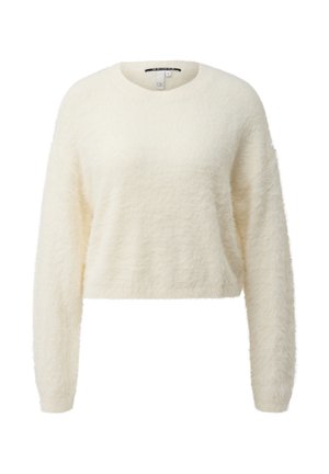 Crème-kleurig cropped sweater gemaakt van zachte, fuzzy stof. Kenmerkt zich door lange mouwen en een ronde halslijn.