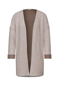 Béžový pletený kardigan s hlubokým výstřihem do V, širokými rukávy a kontrastními hnědými manžetami. Tkanina má jemnou strukturu a otevřený přední díl.