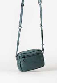 Borsa a tracolla in pelle color turchese con forma rettangolare, tracolla regolabile e tasca frontale con cerniera. Texture liscia con dettagli di cucitura.
