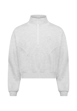 Lichtgrijze cropped sweatshirt met lange mouwen, geribbelde manchetten en zoom, een halve rits bij de kraag en een subtiel geborduurd logo op de borst.