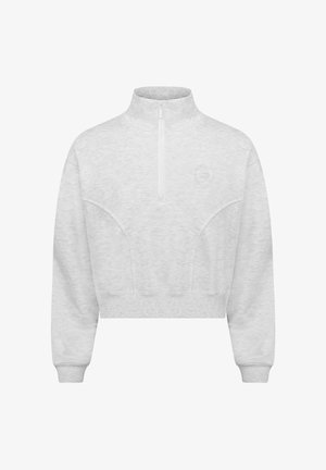 Lichtgrijze cropped sweatshirt met lange mouwen, geribbelde manchetten en zoom, een halve rits bij de kraag en een subtiel geborduurd logo op de borst.