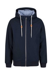 Marinejakke med hette, frontglidelås, to sidelommer, hvite snor med brune detaljer, og stripete innvendig fôr.
