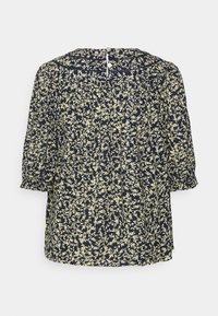 Blusa floral com fundo azul marinho escuro, apresenta padrões florais em amarelo claro, mangas curtas com volume e fecho de botão nas costas.