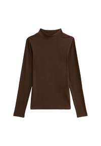 Maglia a maniche lunghe marrone con collo alto in una texture a costine, caratterizzata da un design aderente e un collo arrotondato discreto.