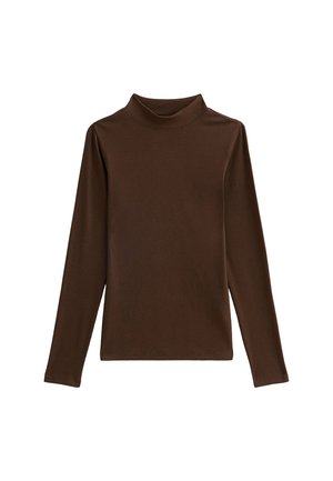 Bruine langmouw turtleneck top in een ribbelstructuur, met een aansluitend ontwerp en een subtiele, afgeronde halslijn.