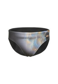 Costumi da bagno neri a slip con motivo sfumato in grigio, blu e arancione; cintura elastica; materiale leggero; presenta il logo del marchio sul lato.