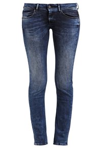 Smala jeans i mörkblå denim med en blekt finish. Femfickorsdesign med kontrasterande sömmar och metallknappstängning.