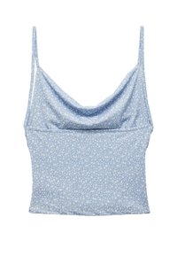 Vaaleansininen kukkakuosisempi toppi säädettävillä ohuilla olkaimilla, laskostetulla kaula-aukolla ja kiinnitettyyn helmaan. Valmistettu pehmeästä, kevyestä kankaasta, jossa on sileä pinta.