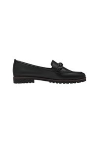 Zwarte leren loafers met een knoopdetail aan de voorkant, een ronde neus en een lage, gestructureerde rubberen zool voor grip. Eenvoudig en gestroomlijnd ontwerp.