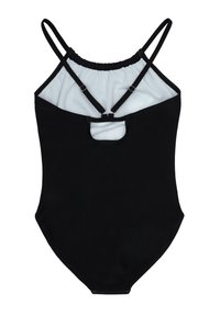 Schwarzer Einteiler-Badeanzug mit verstellbaren Trägern, ausgestattet mit einem runden Rückenausschnitt und einem kleinen Schlüsselloch-Ausschnitt. Weicher, dehnbarer Stoff mit glatter Textur.