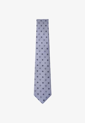 Light purple necktie with a textured pattern and small dark blue and lavender floral motifs evenly spaced across its length.