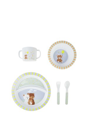 Child's divided plate, bowl, two-handled cup, fork, and spoon set with teddy bear and balloon designs and pastel striped rims.