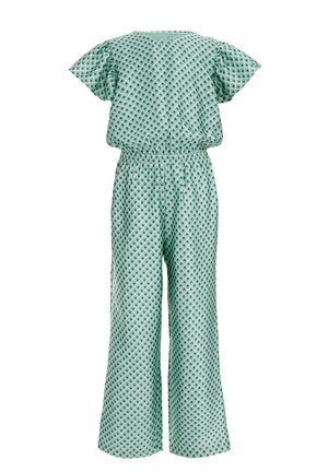 Grün-weißer Kurzarm-Jumpsuit mit Rautenmuster, elastischem Bund und weit geschnittenen Hosenbeinen, auf weißem Hintergrund dargestellt.