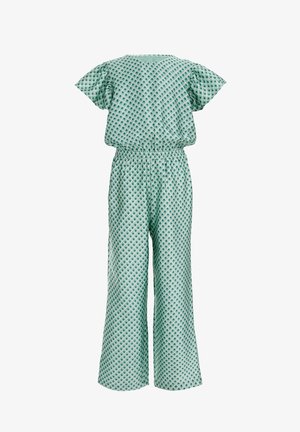 Combinaison à manches courtes à motif losanges verts et blancs, taille élastique et pantalon à jambes larges, présentée sur fond blanc.