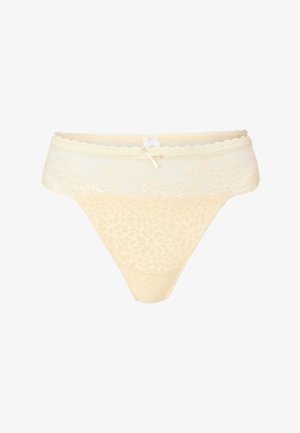 Żółte stringi z koronką, zdobione kwiatowym wzorem, wykonane z miękkiego materiału, z falbankowanym pasem i małą kokardką.