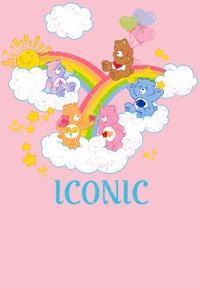 Ilustrace barevných medvědů srdíčky, balónky a hvězdami na růžovém pozadí s mraky a duhou. Text zní "IKONICKÉ."