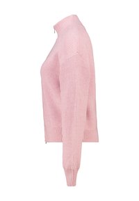 Pink knitted zip-up sweater with a high collar, ribbed cuffs, and hem. Features a textured pattern and straight-fit silhouette.
