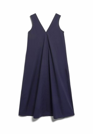 Ärmelloses, marineblaues Midikleid mit V-Ausschnitt und mittiger Frontfalte, ausgestelltem Saum und glatter Stoffstruktur.