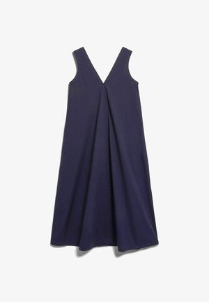 Ärmelloses, marineblaues Midikleid mit V-Ausschnitt und mittiger Frontfalte, ausgestelltem Saum und glatter Stoffstruktur.