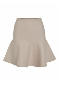 Beige klokrok met een soepele textuur, hoge tailleband en een a-symmetrische vorm met een A-lijn snit, ontworpen voor een comfortabele pasvorm.