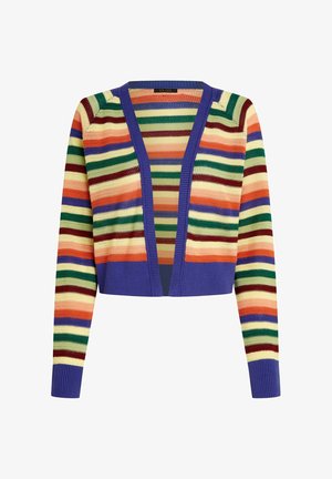 Strickcardigan mit verkürztem Schnitt, V-Ausschnitt und bunten horizontalen Streifen in Grün, Gelb, Orange und lila Akzenten.