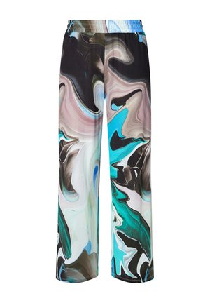 Spodnie o szerokich nogawkach z abstrakcyjnym, marmurkowym wzorem w odcieniach czerni, brązu, bieli, turkusu i jasnoniebieskiego.